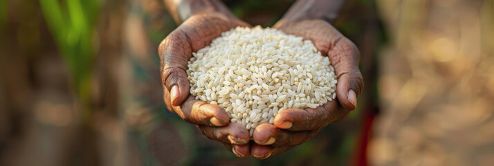 Wall Mural - World Rice Day. rice harvesting. a handful of rice