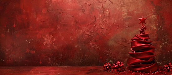 Poster - Craft brown background showcases a lovely Christmas tree crafted from red satin ribbon topped with a star offering room for additional elements in the image