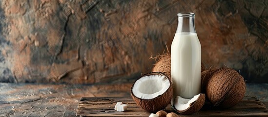 Poster - Bottle and glass of coconut milk displayed on a table alongside a copy space image