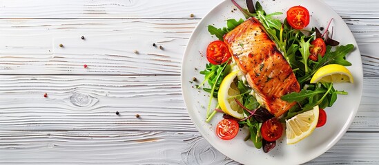 Aufkleber - Salmon dish with salad and lemon garnish on a white wooden backdrop perfect for a copy space image