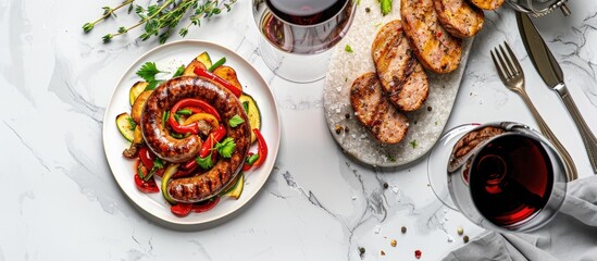 Aufkleber - Spiral grilled sausage with veggies and herbs accompanied by a glass of red wine and cutlery set on a marble table with copy space image