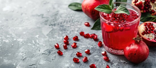 Aufkleber - A glass of pomegranate juice with fresh fruits on a gray concrete backdrop representing a healthy drink idea with room for text or images. with copy space image. Place for adding text or design