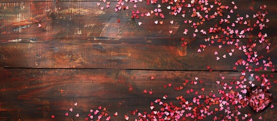 Wall Mural - Heart shaped pink and red confetti arranged on a brown wooden backdrop creating a Valentine s Day theme with copy space for a greeting card