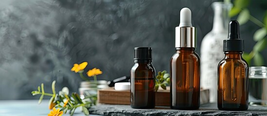 Poster - Esthetic oils and bottles in an image with space for adding text or graphics. with copy space image. Place for adding text or design