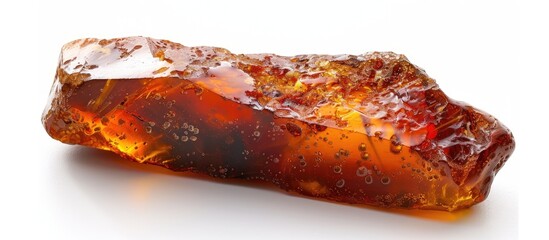 Aufkleber - Elongated untreated amber with a crust displaying natural red brown hues on a white background creating a distinct copy space image