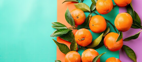 Leinwandbilder - Flat lay composition featuring tangerines and leaves on a colorful background with copy space image available