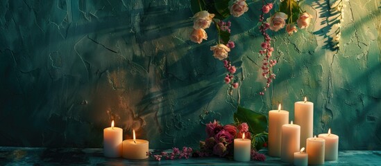 Poster - A table near a green wall features a composition of burning candles and fresh flowers ideal for a copy space image