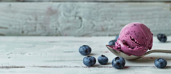 Poster - Side view of blueberry sorbet in an ice cream scoop on a white wooden surface offering empty space for image insertion. with copy space image. Place for adding text or design