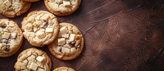 Fototapete - Top view of homemade white chocolate chunk cookies on a brown textured background with copy space image for a flat lay composition