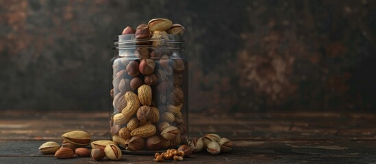 Poster - various nuts in a jar on a dark background with copy space image ideal for a nutritious snack alongs