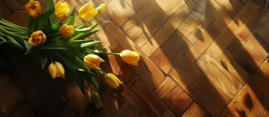 Fototapete - A spring themed copy space image featuring a lovely bouquet of yellow tulips with green leaves set against a textured wooden parquet floor bathed in sunlight