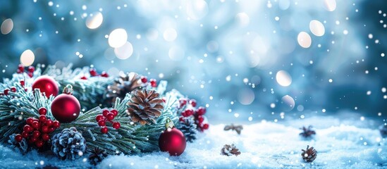 Poster - Winter season festive background featuring Christmas wreaths ornaments and toys for Christmas and New Year holidays Ideal for a Christmas greeting card with ample copy space image