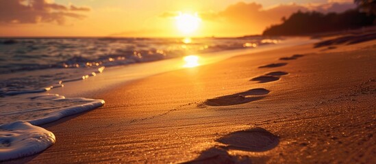 Poster - Sandy tropical beach at sunset with footprints on the shore perfect copy space image