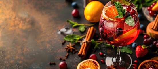 Aufkleber - Sangria cocktail displayed beautifully in a wine glass garnished with lemon cinnamon fresh fruits and ice perfect for a vibrant and refreshing copy space image