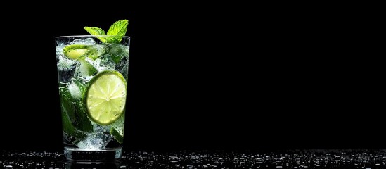 Poster - A refreshing summer mint and lime drink on black background with space for text called Mojito cocktail. with copy space image. Place for adding text or design
