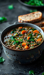 Poster - Hearty Lentil Soup in a Ceramic Bowl with Fresh Bread on the Side