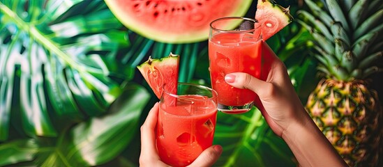 Aufkleber - Hands holding glasses with fresh watermelon and pineapple juice on a table with green leaves in the background creating a vibrant copy space image