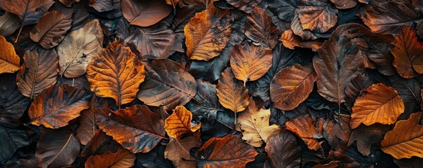 Poster - Top view of fallen autumn leaves creating a natural texture with rich brown and orange hues. Perfect for seasonal and nature-themed projects.