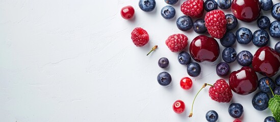 Poster - Assorted berries like blueberries cherries and raspberries on a white background with copy space image