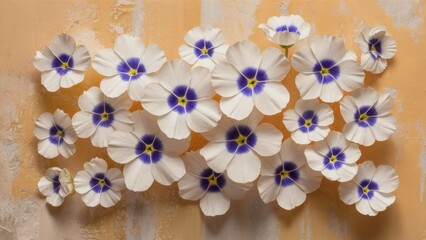 Canvas Print - A bunch of flowers are arranged on a wall with blue and white petals, AI