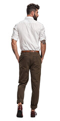 Wall Mural - Isolated walking handsome young bearded man wearing khaki trousers and white shirt, png,cutout on transparent background, ready for architectural visualisation