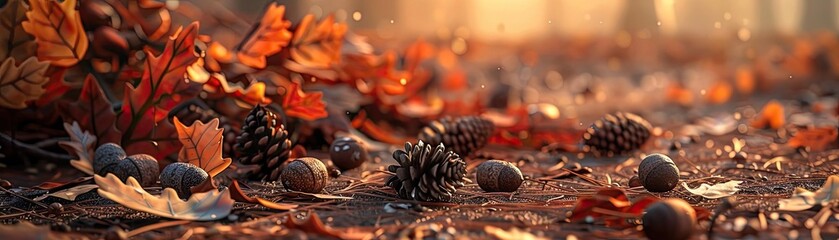 Poster - Autumn forest floor covered with pine cones, fallen leaves, and acorns in warm sunlight, capturing the essence of the fall season.