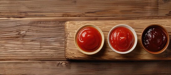 Aufkleber - A top down view shows three types of red tomato sauces classic ketchup barbecue and sweet sour Chinese sauce on a wooden chopping board with copy space image
