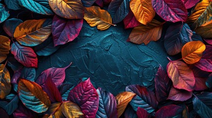 Wall Mural - Vivid autumn leaves forming a vibrant border on a textured dark background, showcasing fall colors in a captivating and artistic arrangement.