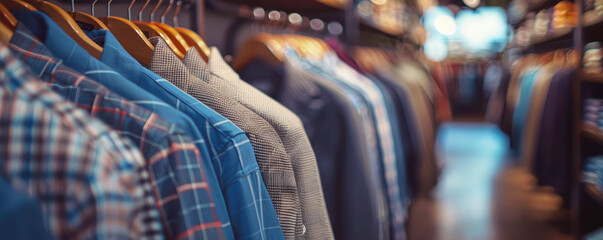 Fashionable men's clothing in trendy luxury boutique, clothing store, blurred background. Selective focus.