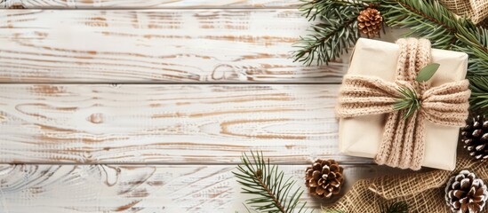 Aufkleber - A festive Christmas arrangement with a gift cozy knitted blanket pine cones and fir branches on a rustic white wooden backdrop Top down view with space for text or images. with copy space image