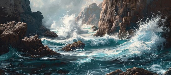 Poster - Seascape with waves crashing against rocky cliffs providing a dramatic backdrop with copy space image