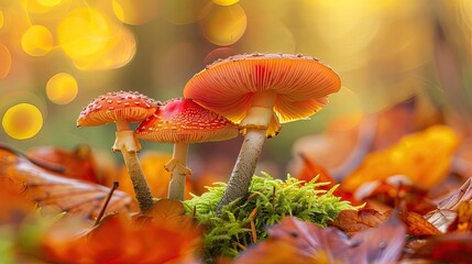 Poster - A close-up of vibrant mushrooms growing among autumn leaves with a bokeh background, capturing the beauty of nature.