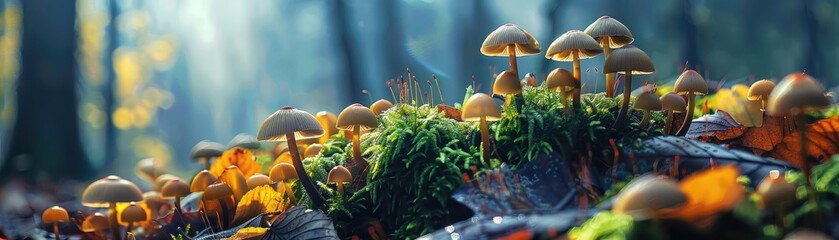 Poster - Close-up of a forest floor with various mushrooms and moss, bathed in sunlight, creating a serene and enchanting woodland scene.