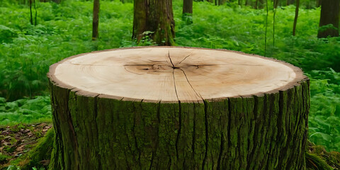 A moss-covered tree stump in a sunlit forest clearing. Perfect for nature, environment, or lumber industry themes.