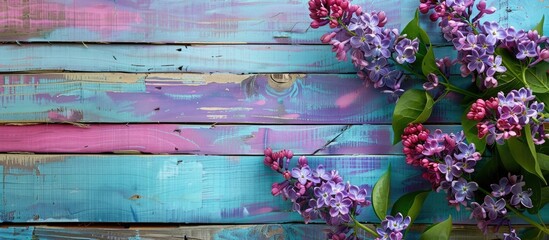 Wall Mural - Lilac blooming flowers against a colorful wooden backdrop with space for text in the image. with copy space image. Place for adding text or design