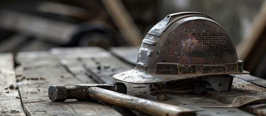 Aufkleber - Image of hammer and tools on a helmet showing copy space