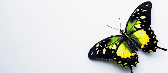 Aufkleber - Butterfly in black yellow and green colors against a white backdrop with blank space for images. with copy space image. Place for adding text or design