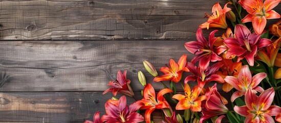 Leinwandbilder - Celebrate spring and Mother s Day with an eye catching display of vibrant lilies against a rustic wooden backdrop perfect for a greeting card with copy space image