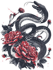 Wall Mural - A snake with red flowers on its body. The snake is black and has a red head