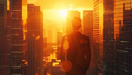 A man in a suit stands in front of a city skyline with the sun setting in the ba