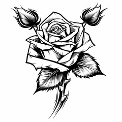 Wall Mural - A rose with three stems and a black background. The rose is the main focus of the image