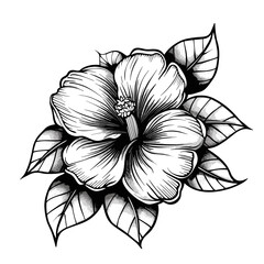 Wall Mural - A black and white drawing of a flower with a stem. The flower is the main focus of the drawing and is surrounded by leaves. The drawing has a simple and elegant style, with the flower