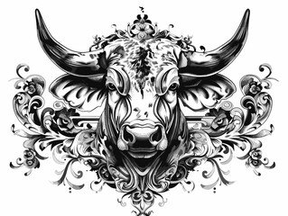 Wall Mural - A bull with horns is the main focus of the image. The bull is surrounded by a floral design, which adds a sense of elegance and sophistication to the piece. Scene is one of strength and power