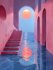 Canvas Print - Surreal Pink Sunset Sea Architecture