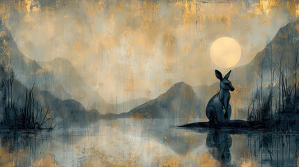 Wall Mural - Mystical Moonlight Landscape with Kangaroo Silhouette