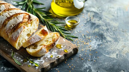 Poster - Freshly baked bread on a wooden cutting board with olive oil and herbs. Rustic food photography with appetizing bread and natural ingredients. 