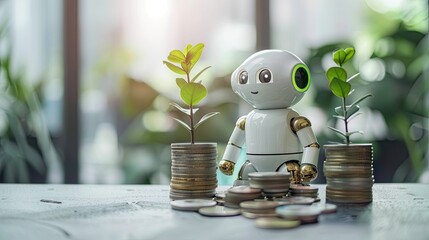 Wall Mural - A robot is sitting on a table with a bunch of coins and plants