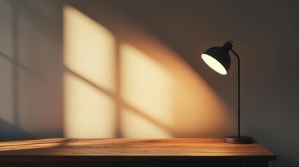 Poster - minimalist desk scene with a sleek modern lamp casting dramatic shadows on a blank wall soft warm light creates an inviting atmosphere for creativity and focus