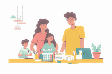 Couples calculating monthly expenses and income, family budget concept, flat vector illustration