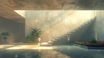 Wall Mural - A large room with a staircase and a plant